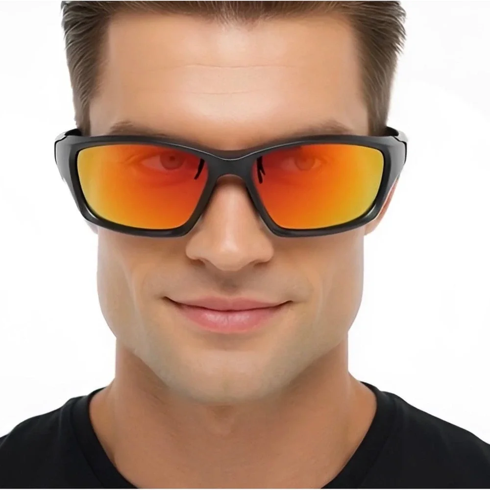 Sport performance sunglasses featuring a sleek matte black frame Fire Red Lens‎